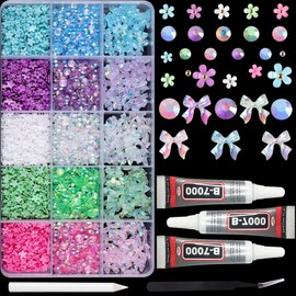 3200Pcs Nail Bow Charms Resin Jelly Rhinestones for Crafting, Multicolor Flatback Rainbow Gems, Bedazzling Crystal 3D Flowers with 3Pcs 10ml B7000 Jewelry Glue for DIY Crafts Clothing Shoes Nail Art