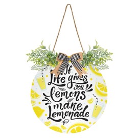 Oyihfvs Yellow Lemon Slices If Life Gives You Lemons Make Lemonade Door Hanging Sign, 12" Merry Christmas Front Plaque Board Round Wreath for Daily Holiday Welcome Home Garden Yard Wall Pediments