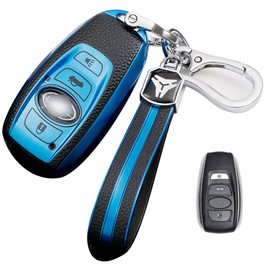 LETINGFAR Smart Key Case for Subaru, Key Cover, 4 Buttons, TPU, Leather Handle, High Quality, Special Design for Subaru with Key Holder, blue
