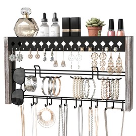 JackCubeDesign MK460A - Wood Wall Mount Jewelry Organizer with Metal Hooks (Rustic Wood)