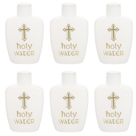 DEARMAMY 6Pcs Holy Water Bottles Plastic Round White with Gold Cross for Easter Christian Religious Decorative