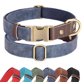 Didog Soft Padded Leather Dog Collar for Large Dogs, Classic Heavy Duty Dog Collars with Quick Release Metal Buckle, Adjustable Large Dog Collar Leather,Blue,L