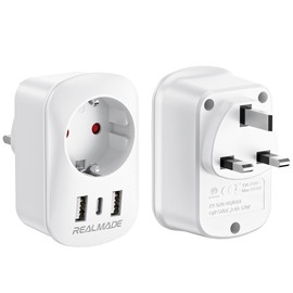 RealMade Travel Adapter UK to EU with 2 USB and 1 Type C Ports Adapter England Germany Plug EU Germany to UK Adapter Type G Socket Adapter Travel Plug for UK