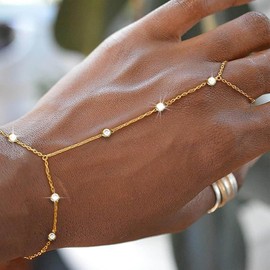 Inateannal Rhinestone Finger Ring Bracelet Gold Hand Chain Bracelet Crystal Wrist Ring Chain Bracelets Vintage Crystal Slave Bracelets Rhinestone Wedding Chains Jewelry for Women