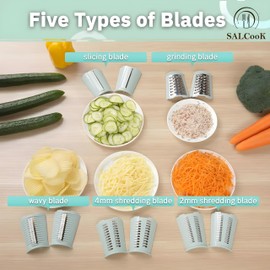 SALCOOK 5-in-1 Manual Rotary Cheese Grater with Handle – Stainless Steel Blades for Slicing, Shredding, Grinding & Wavy Cuts – Strong Suction Base, Blade Storage Box – Green