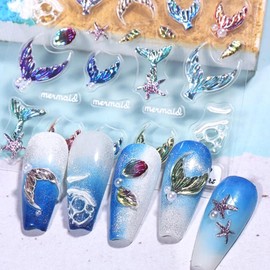 Colorful Mermaid Tail Nail Art Stickers 5D Embossed Ocean Fish Tail Nail Decals with Pearl Design Nail Sticker Self-Adhesive Seashell Starfish Nail Decal Summer Sea Nails Supply for Women Nails Decor