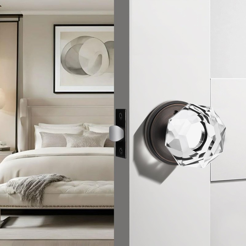 Orger Crystal Privacy Door Knobs with Lock, Faceted Diamond Shape