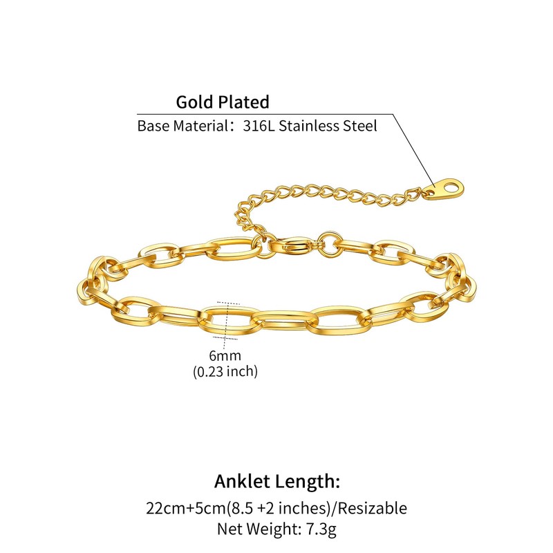 14K Gold Plated Paperclip Anklet 6MM, Hypoallergenic Flat Link Chain,