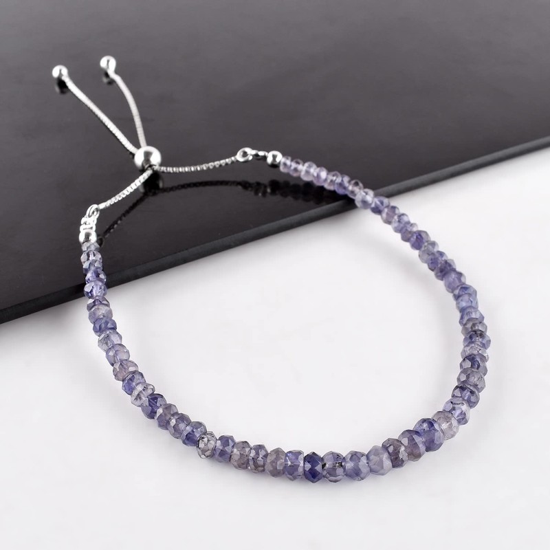 OdrillionGems Natural Iolite Gemstones Bolo Bracelet, Faceted Beads, 925 Sterling