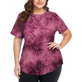 COOTRY Plus Size Workout Tops for Women Short Sleeve Loose fit Shirts Athletic Gym Yoga Clothing Purple Tie Dye 3XL