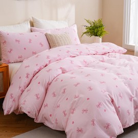 Bow Duvet Cover Set Queen Pink Kawaii Cotton Bedding 3 Pcs Princess Teen Girl Room Decor Cute Girly Comforter Cover