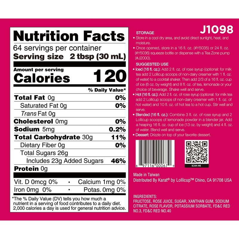 Tea Zone J1098 64 oz Rose Syrup for Tea, Sweets,