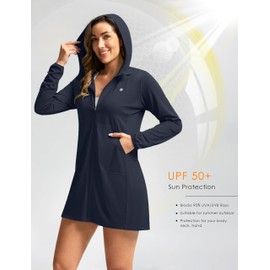 Women's UPF 50+ Swim Cover Up Sun Protection Hoodie Long Jacket SPF Lightweight Beach Cover Ups for Women(Navy,S)