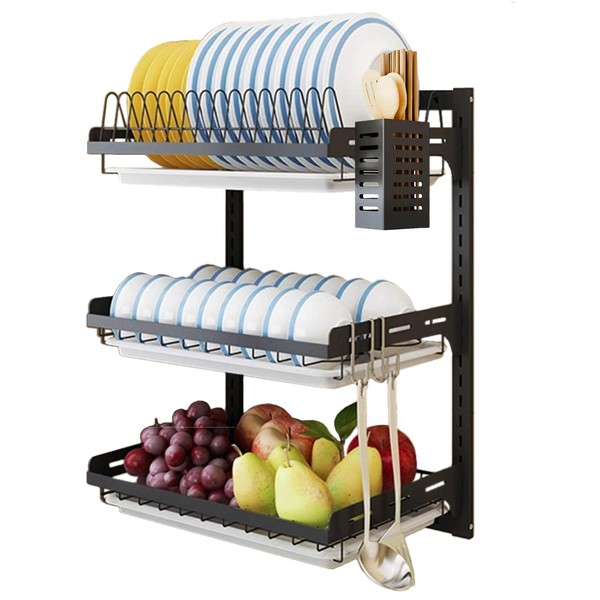 Wall Mounted Dish Drying Rack, 3 Tier Hanging Dish Rack