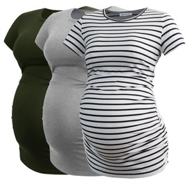 Smallshow Women's Maternity Tops Side Ruched Tunic T-Shirt Pregnancy Clothes X-Large Army Green-White Stripe-Grey