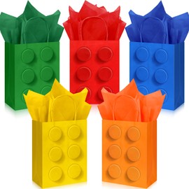 Building Block Party Favor Gift Bags, Bricks Candy Treat Paper Bags, Gift Goodie Bags with Handle for Building Block Birthday Party Baby Shower Decoration Supplies (Red Yellow Blue Green Orange, 15)
