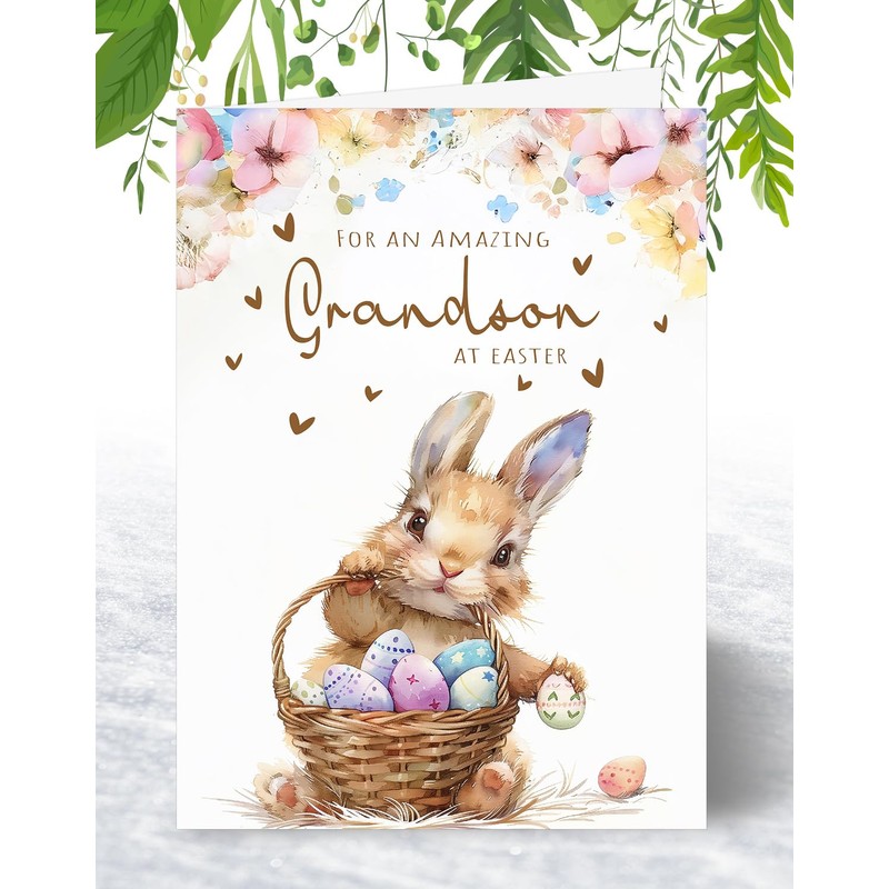 Grandson Easter Card - Bunny with Easter Eggs Design -