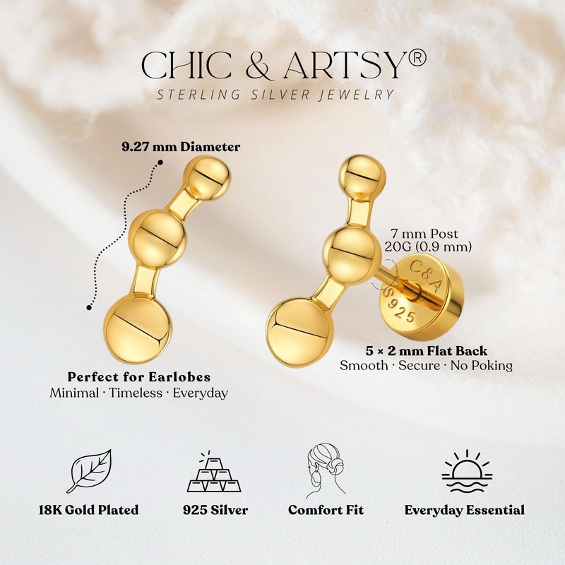 CHIC & ARTSY Flat Back Bar Earrings for Women, 925