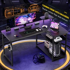 COMHOMA Gaming Desk L Shaped Desk Carbon Fiber Style Computer Desk Compatible with Monitor Arm Storage Shelves Corner Gaming Desk for Home Office Desks Easy to Assemble Adjustable Shelf Height(43.31")