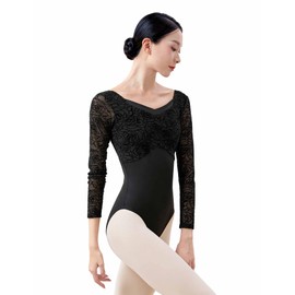 Daydance Lace Black Women Ballet Leotards Adult Long Sleeve Dancewear for Training