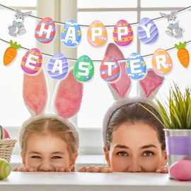 Adullpony Happy Easter Decorations Set - Bunny Ornaments, Happy Easter Banner & Hanging Rabbit Swirl for Party, Home, Classroom & Yard Decor