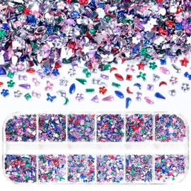 2000 Pcs 3D Small Nail Stones and Gems, Multi Shape Colorful Nail Gem Rhinestones, Mini Nail Art Rhinestones and Charms, Heart Star Flower Tiny Nail Stones for Nail Art Crafts Clothing Makeup