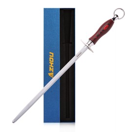 Azhou 12" Professional Knife Sharpener Steel Rod - T12 Carbon Steel (HRC 65±1), Fine 200 Grit for Kitchen & Chef Knives, Easy to Use with Non-Slip Wooden Handle & Gift Box