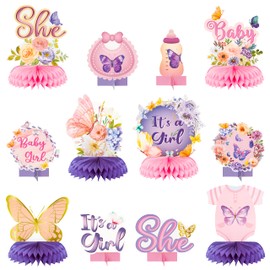 JAPBOR 12pcs Butterfly Baby Shower Party Honeycomb Table Centerpieces, It's a Girl Purple and Pink Decorations for Baby Girl Gender Reveal Party, Birthday Floral Butterflies Table Toppers