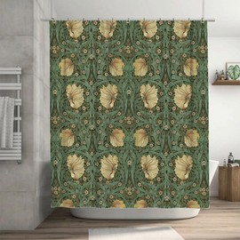 Ansouyi William Morris Shower Curtain Set with 12 Hooks, Bath Curtains Waterproof Polyester Fabric, Green Art Nouveau Floral Home Bathroom Bathtubs Decor Washable Durable Fabric, 72"" Wx72 L