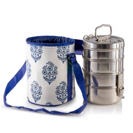 Thermally Insulated Blue Patterned Tiffin Bag Carrier for 4-Tier Large Tiffin