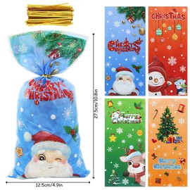 50 PCS Colorful Christmas Cellophane Treat Bags with Twist Ties,Santa Snowman Elk Christmas Tree Gift Bags Kids Goodie Candy Bags Cookie Chocolate Snack Packing Bag for Christmas Party Favor