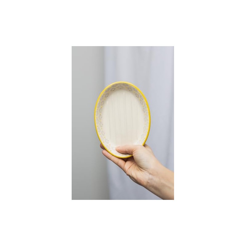 Large Oval Ceramic Soap Dish with Floral Prints, Yellow Trim,