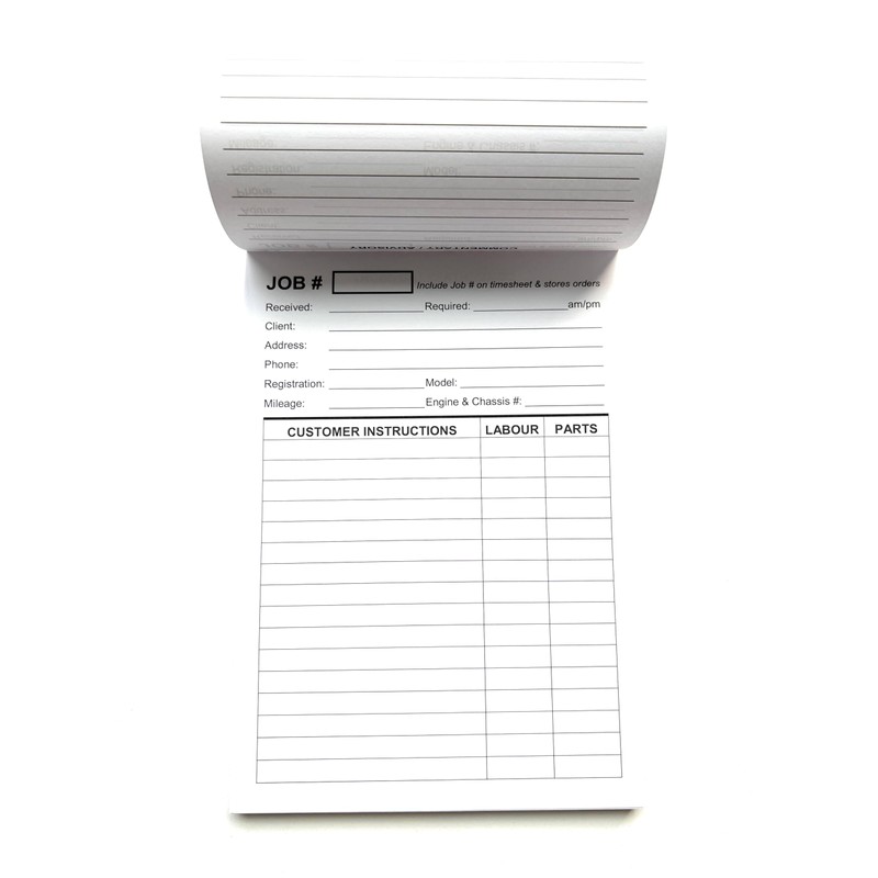 Repair Job Cards x100 - Garage Workshop Job Costing Sheets