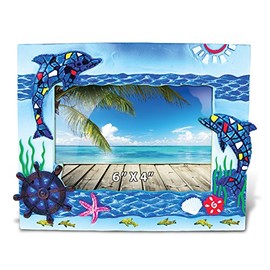 Puzzled Resin Blue Dolphin Mosaic Picture Frame, 6 X 4 Inch Sculptural Photo Holder Intricate & Meticulous Detailing Art Handcrafted Tabletop Accent Accessory Tropical Beach Themed Home DÃ©cor
