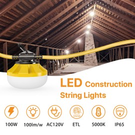 Pvilub 100FT Construction String Lights: 100W Led Construction String Lights with 10 Bulbs & Hooks, IP65 Attic Lighting 5000K Linkable Hanging Work Light for Crawlspace, Basement, Backyard
