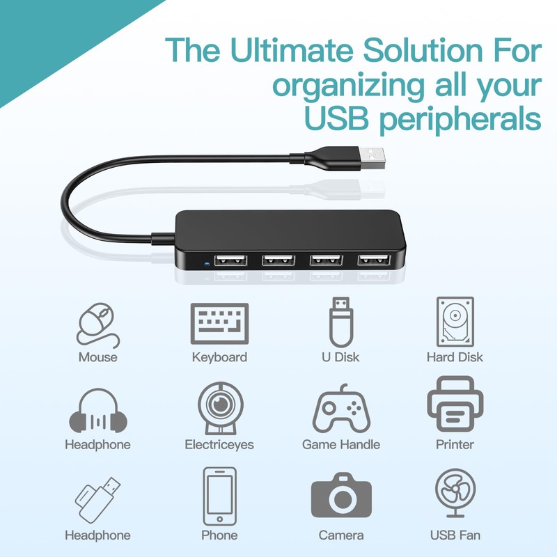 USB Hub, 4-Port USB 2.0 Hub Ultra Slim Portable USB