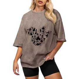 Flafens Oversized Washed Vintage Retro T Shirts for Women - Womens Graphic Tees Cotton Cute Cool Tshirts Teens Girls Boys Cartoon Design, Large