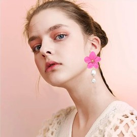 Vavhoo Flower Earrings for Women Large Statement for Women Floral Pearl Stud Earring Trendy Jewelry (Hot Pink)
