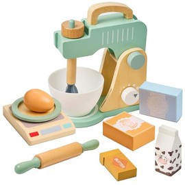 Wooden Toy Mixer Set with Egg, Sugar, Flour-Montessori Pretend Play Food Kitchen Accessories for Toddler Girls and Boys (9 Pcs)