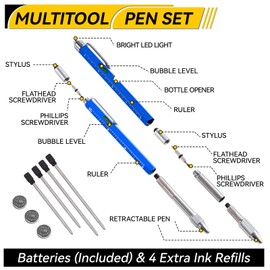 11-in-1 Multitool Pen Set with LED Light, Flathead & Phillips Screwdrivers, Level, Ruler, Bottle Opener, and Stylus, Stocking Stuffers for Men Gifts for Christmas, Gifts for Men, Husband, Dad, Blue