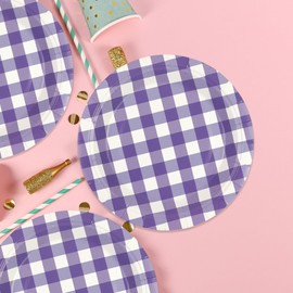 HFBOBP Pack of 50 Gingham Plates, 18 cm Checked Paper Plates, Checked Dessert Plates, Disposable Party Plates, Tableware for Picnic, Wedding, Birthdays, Camping Party Supplies, Decorations (Purple, 18