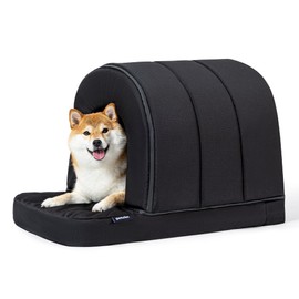 PELZIN Outdoor Dog House - Waterproof Cooling Dog Shelter w/Egg-Crate Foam - Orthopedic Indoor Pet House w/Porch - Machine Washable - Ideal for Medium Breeds & Fits 30-Inch Crate - 29"x18", Black