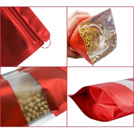Rimiko 50pcs Resealable Stand up Foil Pouches with Clear Window, Zipper Aluminum Ziplock Bags, Mylar Bags for Food Storage, Colorful Matte Packaging for Candy Coffee Beans (Red, 6.3"x 9.5")