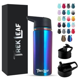 Trek Leaf Travel Water Bottle with 3 Lids (Spout, Straw, Flip) Leak Proof, Quality, Vacuum Insulated, Stainless Steel (Twilight, 18 oz)
