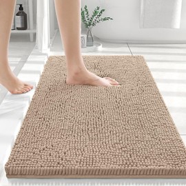 smiry Chenille Bath Mat, 40 x 60 cm, Non-Slip Super Absorbent Bathroom Mat Extra Soft Fluffy Bath Mats for Bathroom Thick Machine Washable Bathroom Floor Mats Rugs, Beige