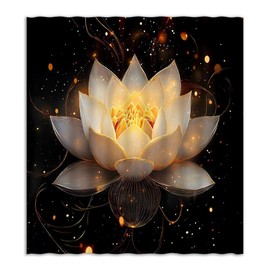JEJOMEAG Lotus Shower Curtain Black and Gold Flowers Spa Zen Golden Relaxing Meditation Fabric Bathroom Decor Curtain with Hooks, 70Wx70H