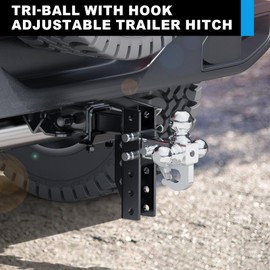 Adjustable Trailer Hitch Ball Mount with Hook, Tri-Ball (1-7/8" x 2" x 2-5/16") Drop Hitch,6 Inch Drop Hitch, Fits 2.5-Inch Receiver,Anti-Theft Pins Locks,Tow Hitch for Heavy Duty Truck