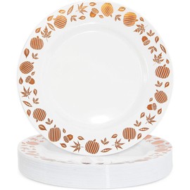 Juvale Plastic Thanksgiving Plates, Copper Foil Leaf Trim, Fall Tableware (9 In, 24 Pack)