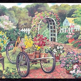 CONCORD WALLCOVERINGS ™ Wallpaper Border Garden Pattern Flowers Watering Can Clay Pots Bicycles Pavilion on Backyard for Cottage Farmhouse, Multicolored, 10.5 Inches by 15 Feet EG022121B