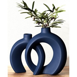 Blue Vase Set of 2 - Donut Navy Vases Home Decor, Modern Coastal Decor - Decorative Vase, Ceramic Decorations for Living Room Coffee Table Bookshelf Shelf Console Mantle (Matte Navy Blue)